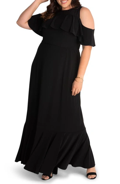Kiyonna Plus Size Piper Cold-shoulder Maxi Dress In Black
