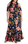 Kiyonna Piper Cold Shoulder Dress In Navy Peony Print