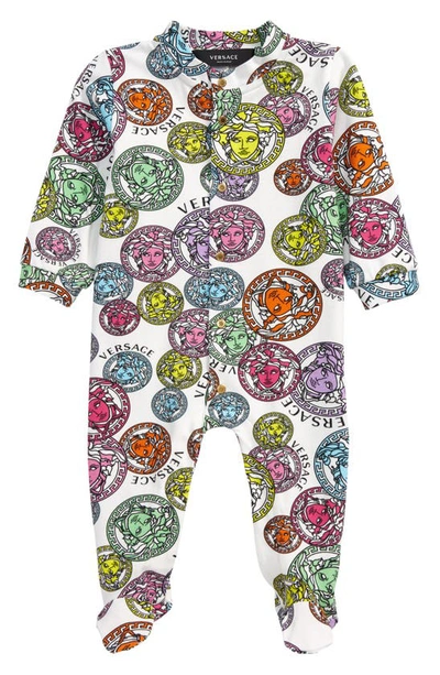 Versace Babies' Medusa Amplified Stretch Cotton Footie In White-multicolor