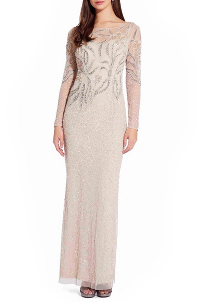 Adrianna Papell Long Sleeve Beaded Column Gown In Biscotti
