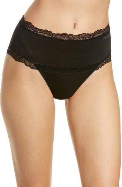 Calvin Klein Scallop Lace Trim High Waist Thong In Black