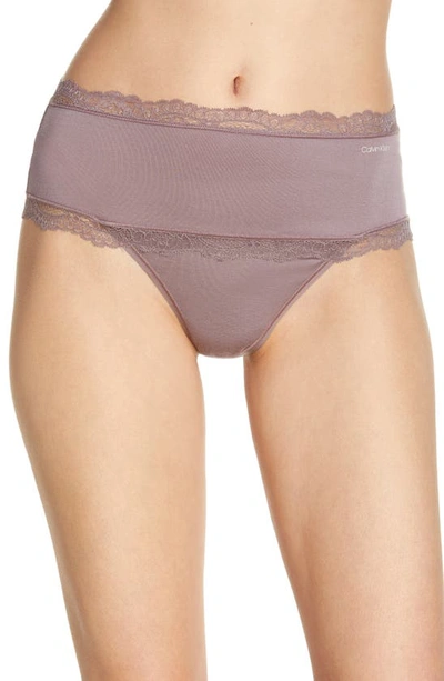 Calvin Klein Scallop Lace Trim High Waist Thong In Plum Dust