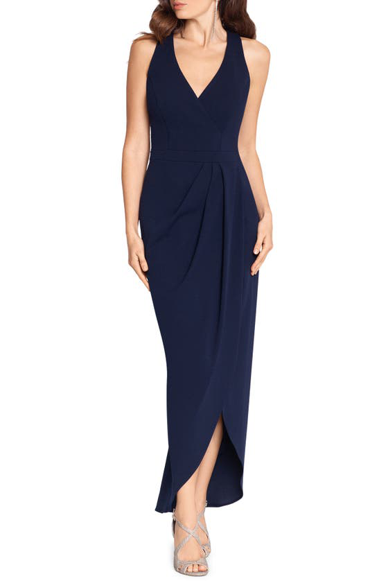 xscape tulip hem sleeveless crepe gown