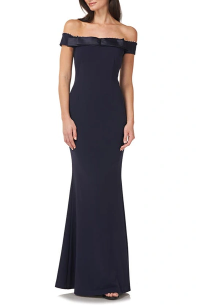 Js Collections Bow-trim Off-the-shoulder Mermaid Gown In Navy Blue