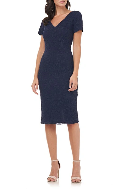 Js Collections Floral Jacquare V-neck Short Sleeve Sheath Cocktail Dress In Navy