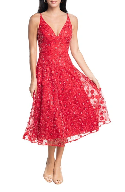 Dress The Population Elisa Floral Applique Sequin Fit & Flare Dress In Rouge