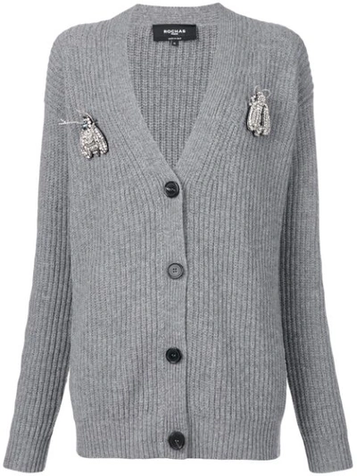 Rochas Embellished Ribbed Knit Cardigan In Grey