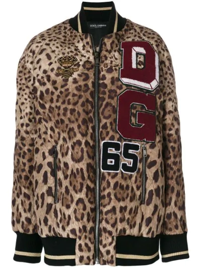 Dolce & Gabbana Dg Patches Leopard Quilted Nylon Bomber In Beige