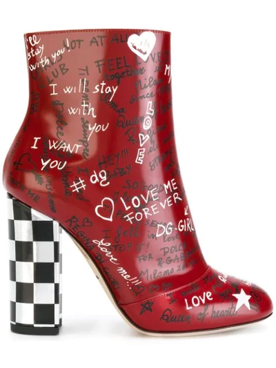 Dolce & Gabbana Graffiti Printed Ankle Boots In Red