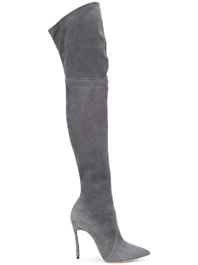 Casadei 120mm Techno Blade Stretch Suede Boots In Grey