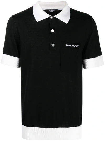Balmain Contrast-trim Polo Shirt In Black