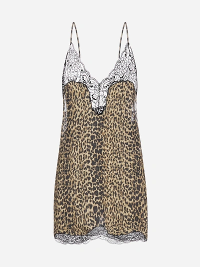 Saint Laurent Lace Trimmed Leopard Print Silk Slip In Brown