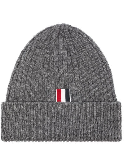 Thom Browne Grey Ribbed Cashmere Beanie Hat