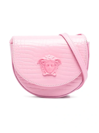 Versace Kids' Croc Embossed Leather Shoulder Bag In Pink
