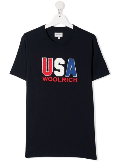 Woolrich Teen Flocked-logo Cotton T-shirt In Navy Blue