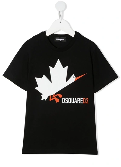 Dsquared2 Teen Leaf-print Crew Neck T-shirt In Black