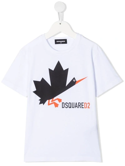 Dsquared2 Kids' Leaf 印花圆领t恤 In White