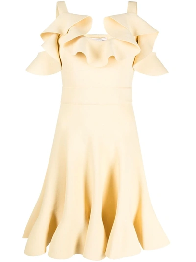 Alexander Mcqueen Cold-shoulder Ruffled Stretch-knit Mini Dress In Beige