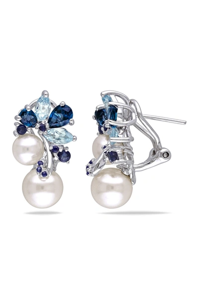 Delmar Sterling Silver Blue Topaz, Sapphire & 6.5-8.5mm Freshwater Pearl Drop Earrings