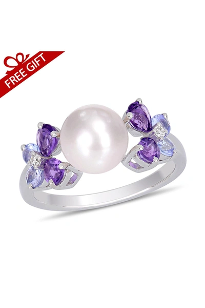 Delmar Sterling Silver Diamond & Assorted Stone 8-8.5mm Freshwater Pearl Ring In Purple