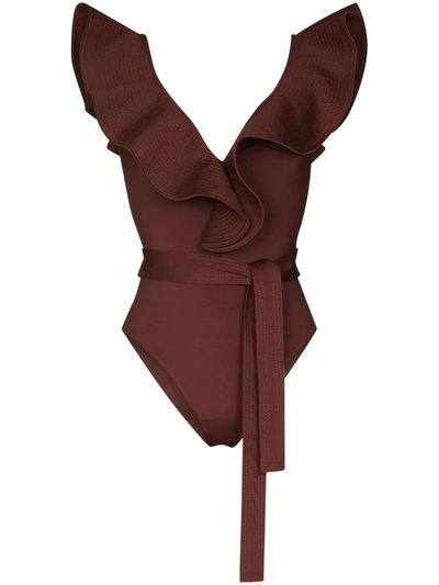 Johanna Ortiz Cenote Diver Ruffled Swimsuit In Brown