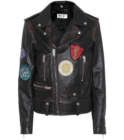 Saint Laurent Motorcycle Jacket With Multicolored Patches In Noir-cognac