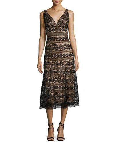 Tadashi Shoji Sleeveless Sequined Lace Midi Cocktail Dress, Black/natural In Black Nude