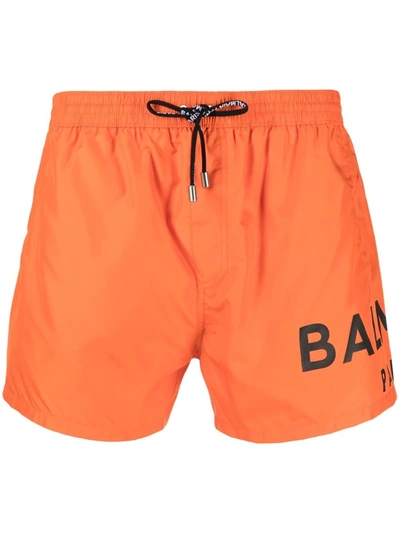 Balmain Logo-print Drawstring Swim Shorts In Orange