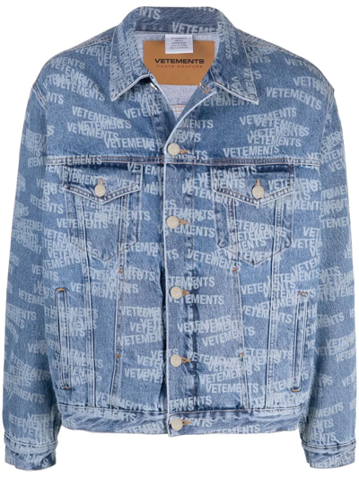 Vetements Blue Denim Allover Logo Jacket In Light Blue