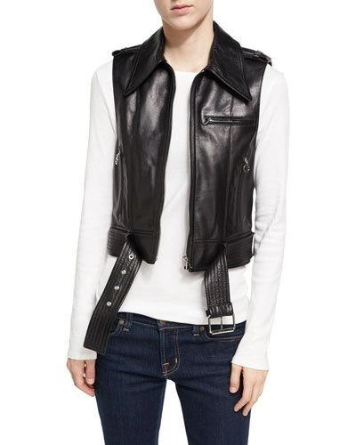 Alexa Chung Leather Zip-front Motorcycle Vest, Black