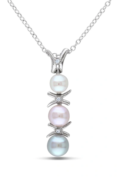 Delmar Sterling Silver 5–5.5mm White, Pink & Grey Cultured Freshwater Pearl & Diamond Pendant Necklace In Multi