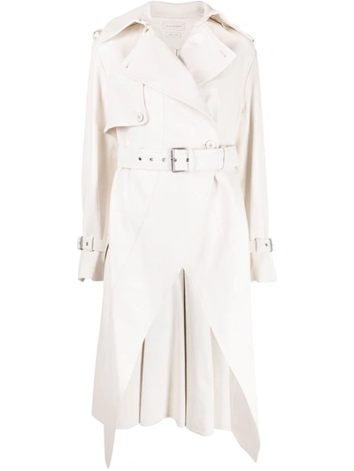 Alexander Mcqueen Asymmetric Leather Trench Coat In Ivory