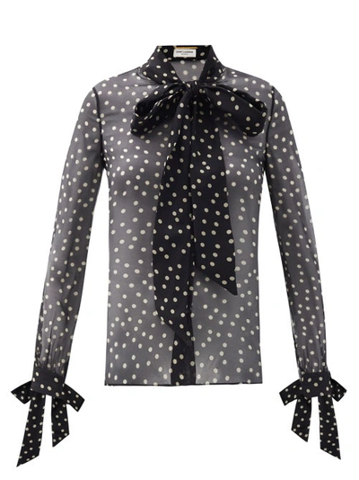 Saint Laurent Tie-detailed Polka-dot Silk-chiffon Shirt In Black