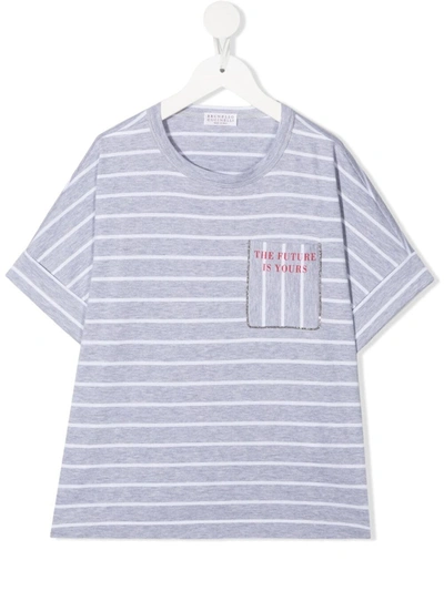 Brunello Cucinelli Kids' Striped Cotton T-shirt In Grey