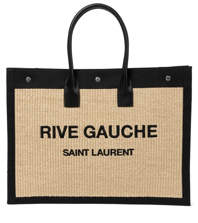 Saint Laurent Rive Gauche Leather And Faux-raffia Tote Bag In Beige