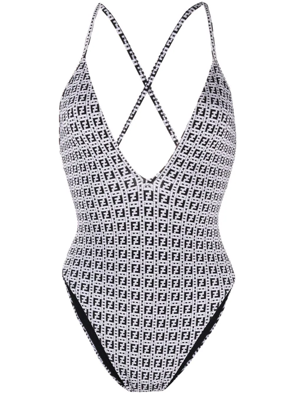 Fendi Ff Logo Print Swimsuit, White And Black | ModeSens