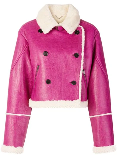 Kenzo Double Breasted Short Shearling Jacket In Deep Fuschia