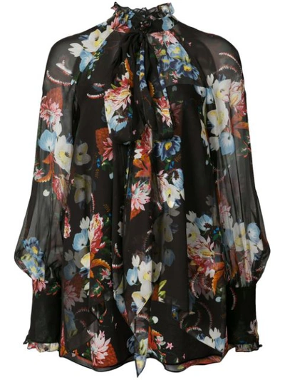 Erdem Isabelle Pussy-bow Floral-print Silk-chiffon Blouse In Black Print