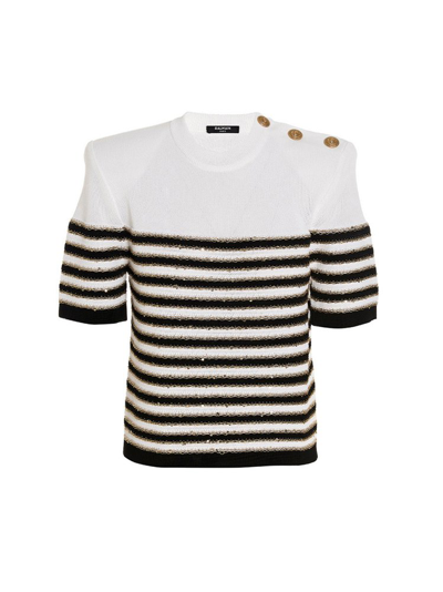 Balmain Striped Knitted Top In Blanc_noir_or