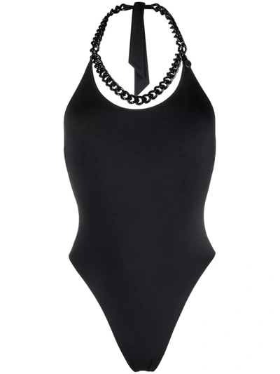 Stella Mccartney Falabella Chain Detail Halter One-piece Swimsuit In Black