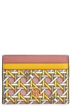 Tory Burch Robinson Rattan Print Leather Card Case In Pink Basketweave