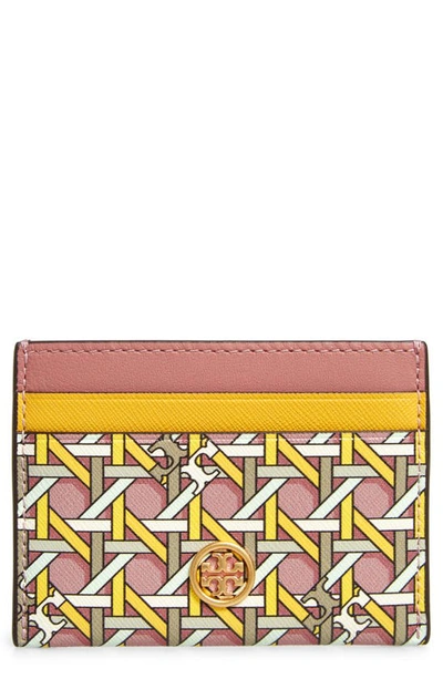 Tory Burch Robinson Rattan Print Leather Card Case In Pink Basketweave