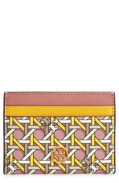 Tory Burch Robinson Rattan Print Leather Card Case In Rosehip Basketweave