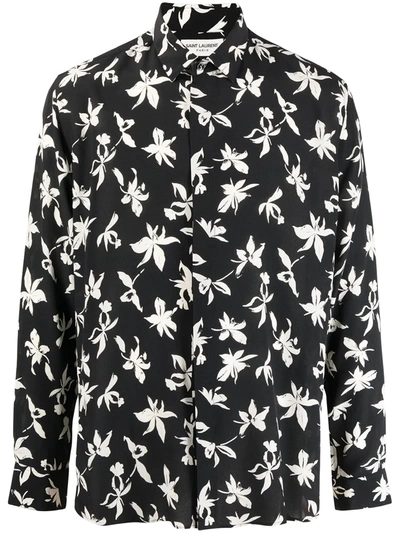 Saint Laurent Crepe De Chine Silk Shirt With Wild Orchid Print In Black - White