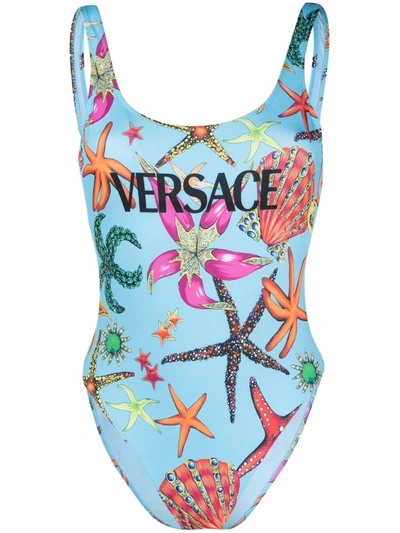 Versace Logo Tropical Print One-piece Swimsuit In Blue/multicolor