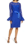 Shani Illusion-neck Bell-sleeve Lace Sheath Dress W/ Sash In Blue