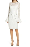 Shani Illusion-neck Bell-sleeve Lace Sheath Dress W/ Sash In Ivory
