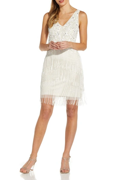 Adrianna Papell Beaded Fringe Dress In Ivory/ Pearl