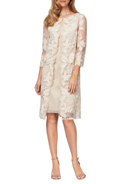 Alex Evenings Embroidered Lace Mock Jacket Cocktail Dress In Taupe