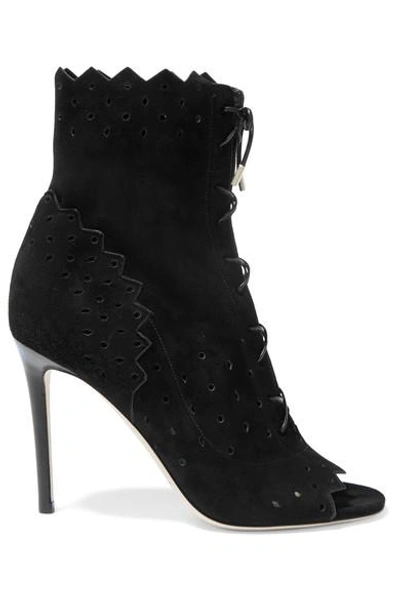 Jimmy Choo Dei 100 Black Cashmere Suede Peep Toe Lace Up Booties
